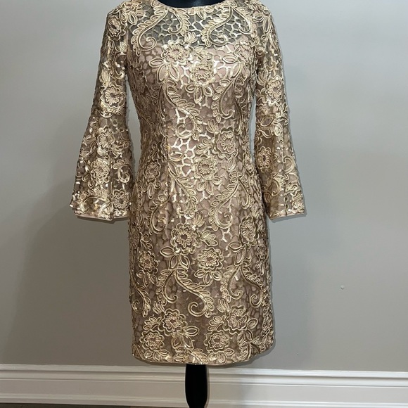 Worn Once Gold Floral Sequin Dress by Aidan Mattox Size 2-4 - Picture 2 of 4